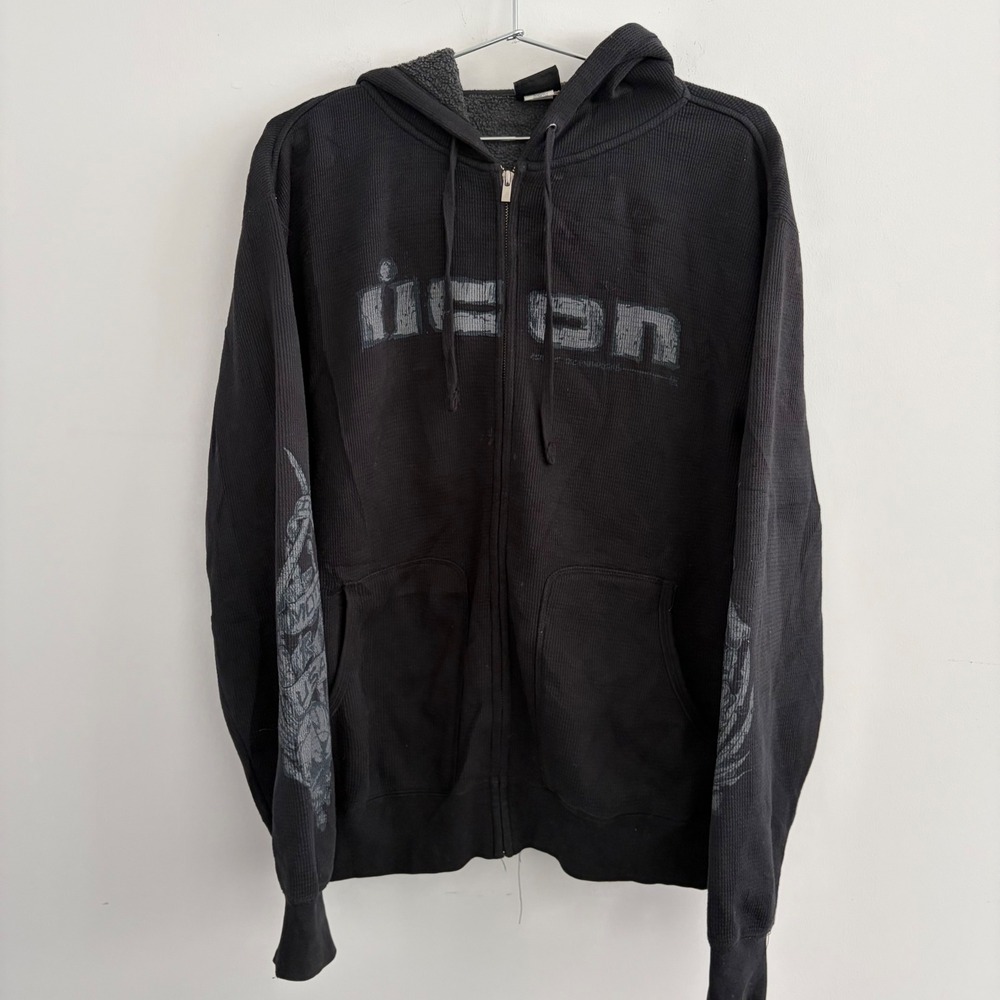 Icon Moto Search and Destroy Waffle Knit Zip Up Hoodie Black Mens Medium